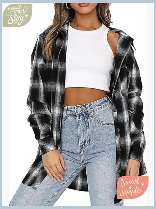 Tops - Oversized Button Down Flannel Shacket Long Sleeve Plaid Blouse